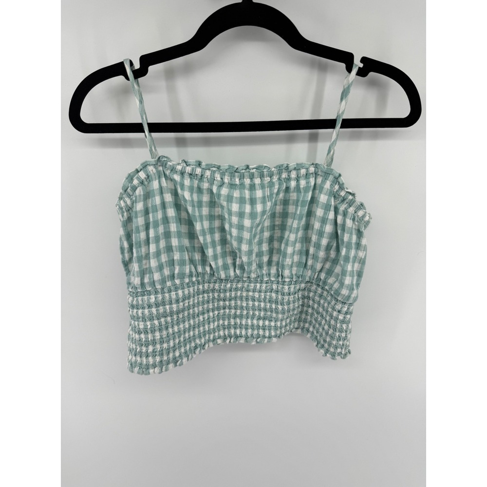 American Eagle Green Gingham Smocked Crop Cami Top Medium